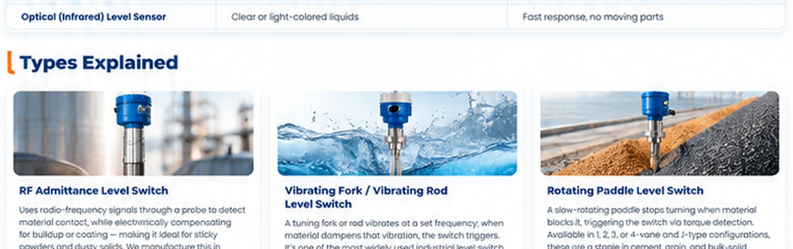 Types of industrial level switches including RF admittance, vibrating fork and rotating paddle