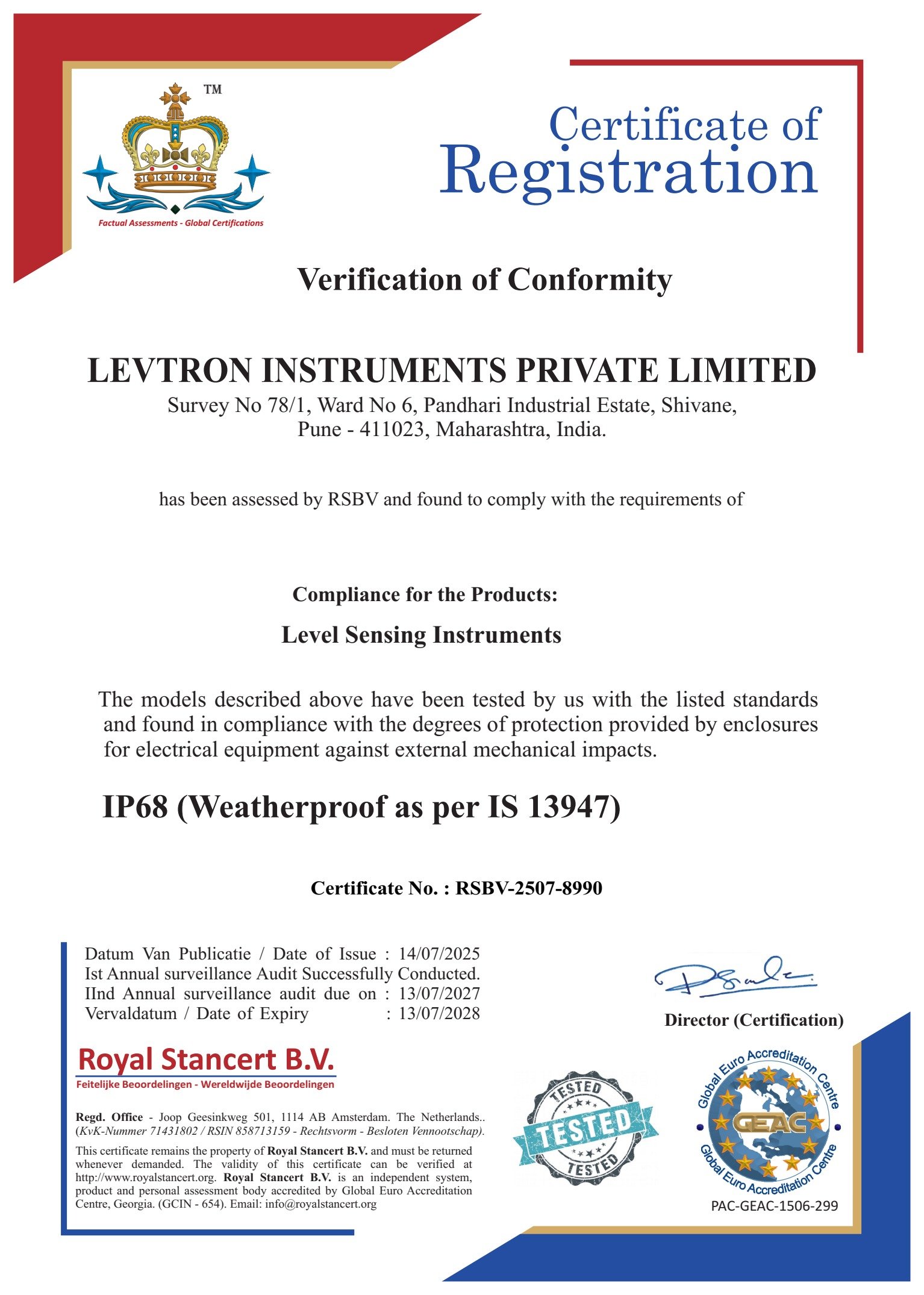 IP68 Ingress Protection Certificate - Levtron Instruments