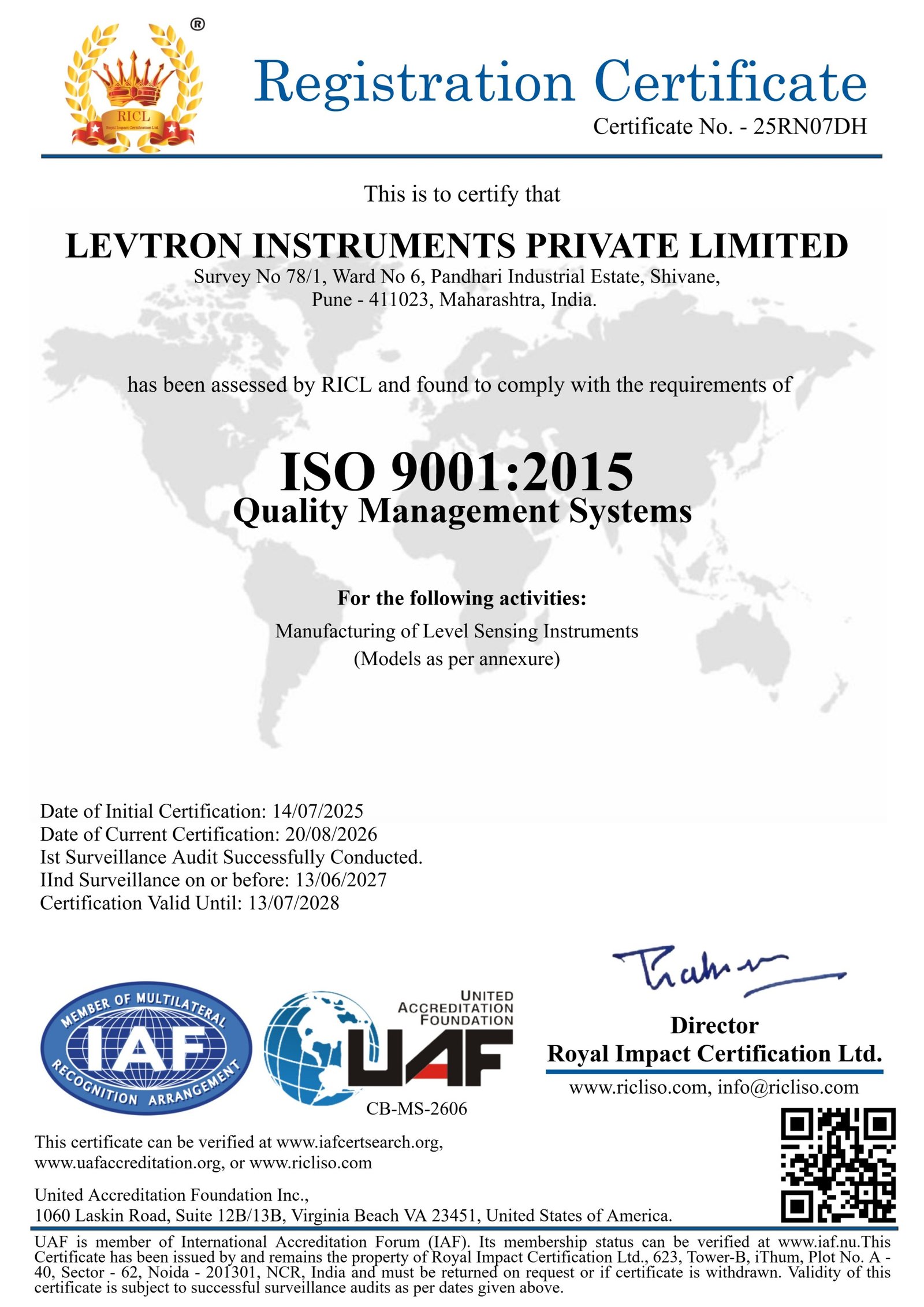 ISO 9001:2015 Quality Management System Certificate - Levtron Instruments