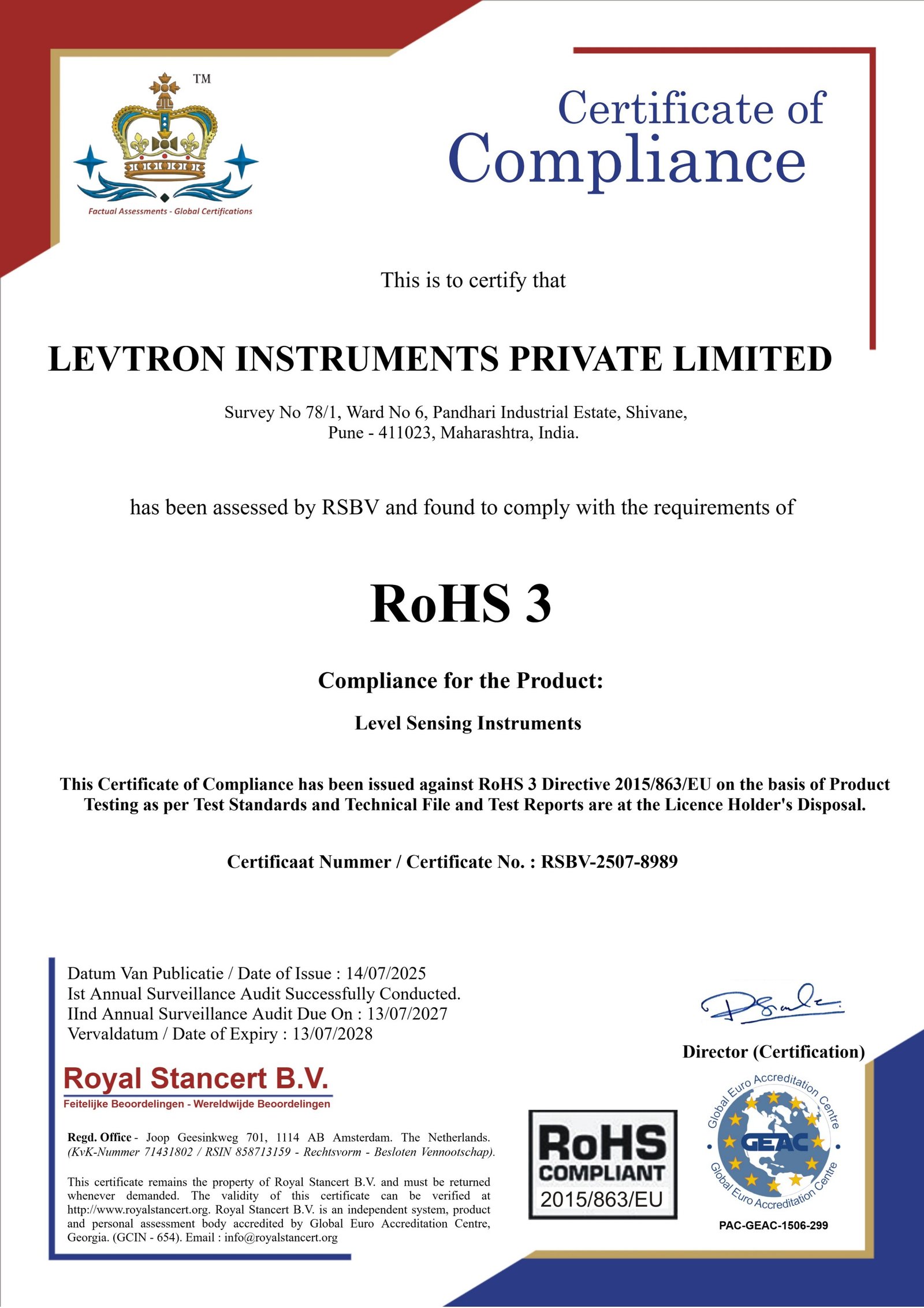 RoHS 3 Compliance Certificate - Levtron Instruments